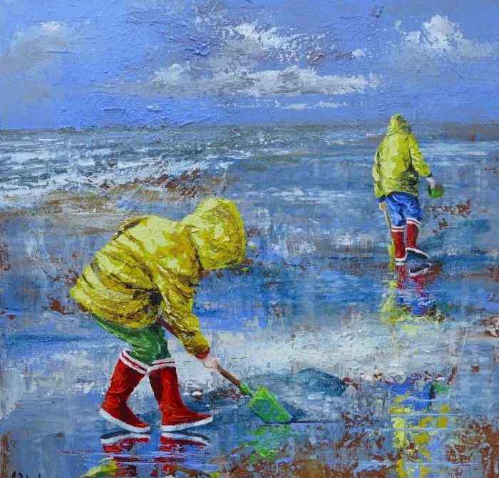 德比希 【油画】海边玩耍的小孩，法国艺术家Patricia Debuchy